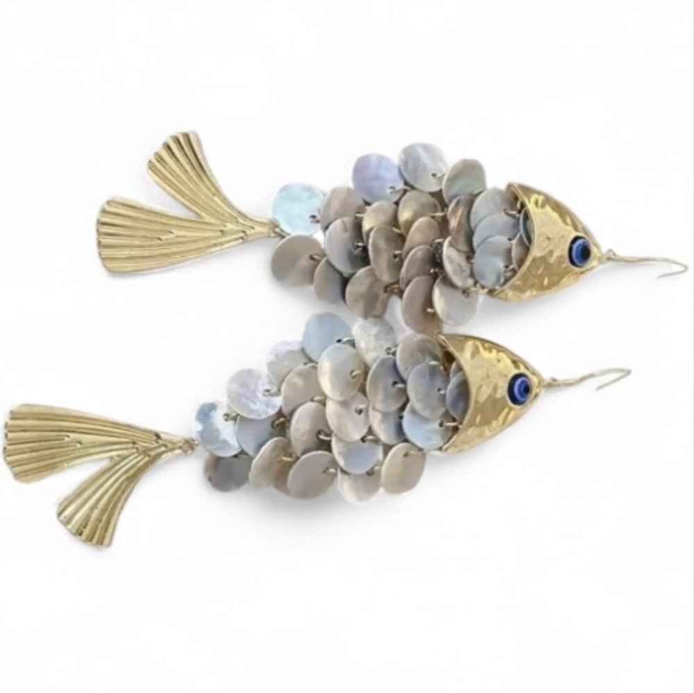 Gold & Silver Fish Statement Dangle Earrings Sequ… - image 3